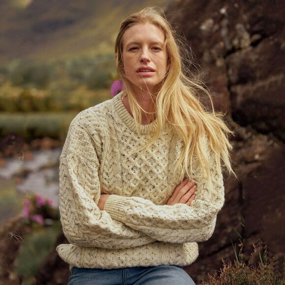 Aran Irish Womens Natural Wool Sweater Cable Knit Traditional Fisherman Pullover - Picture 1 of 5